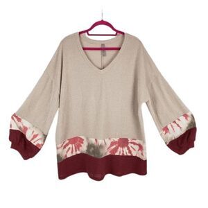 cozy modern boho colorblock waffle-trim / floral accent balloon sleeve pullover
